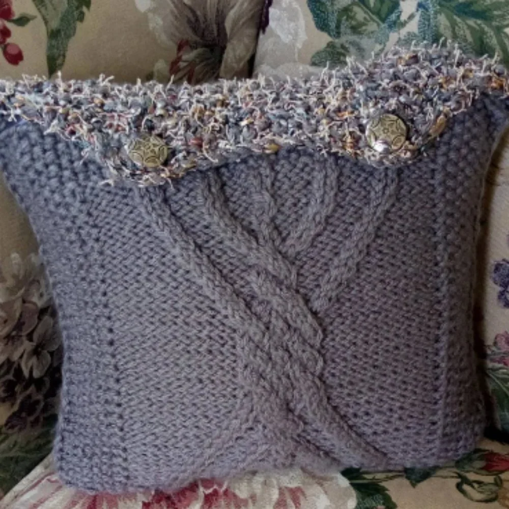 Hand Crafted Knit Throw Pillow Cable Metal Button Gray Cable Home Decor Cab…